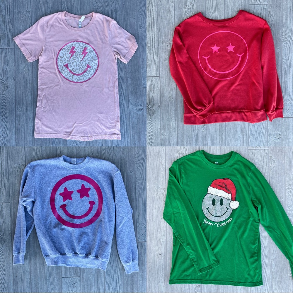 Smiley Face Shirt Bundle Tween Girl XL Graphic Tees & Sweatshirts Pink Red Green
